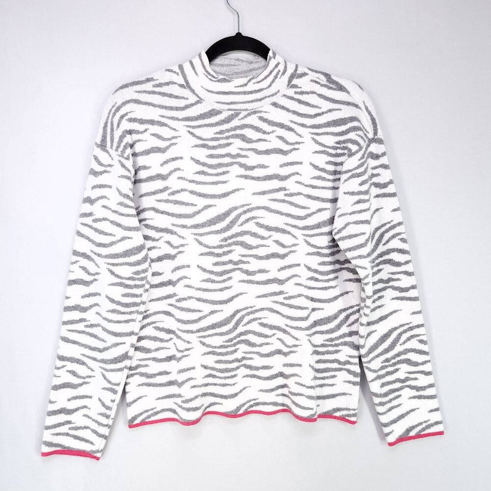 Anthropologie Lizzie Mock Neck Sweater Size Small White & Gray Zebra Pattern